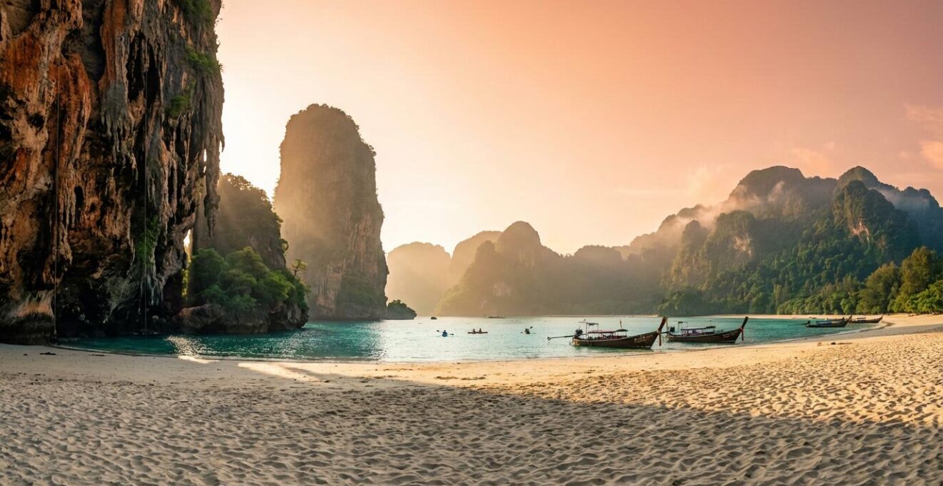 Paysage spectaculaire de la Thaïlande avec falaises calcaires et plage tropicale pour activités sportives