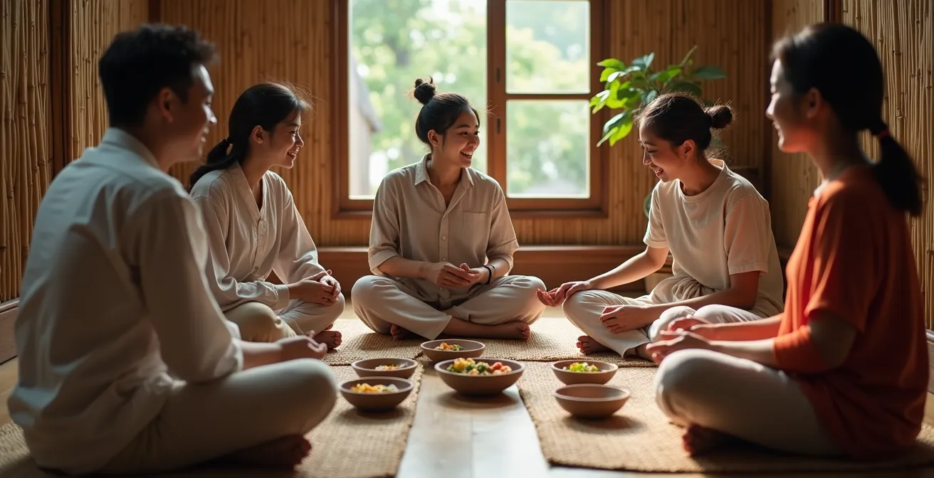 Vue rapprochée d'une famille assise en tailleur sur des nattes thaïlandaises traditionnelles