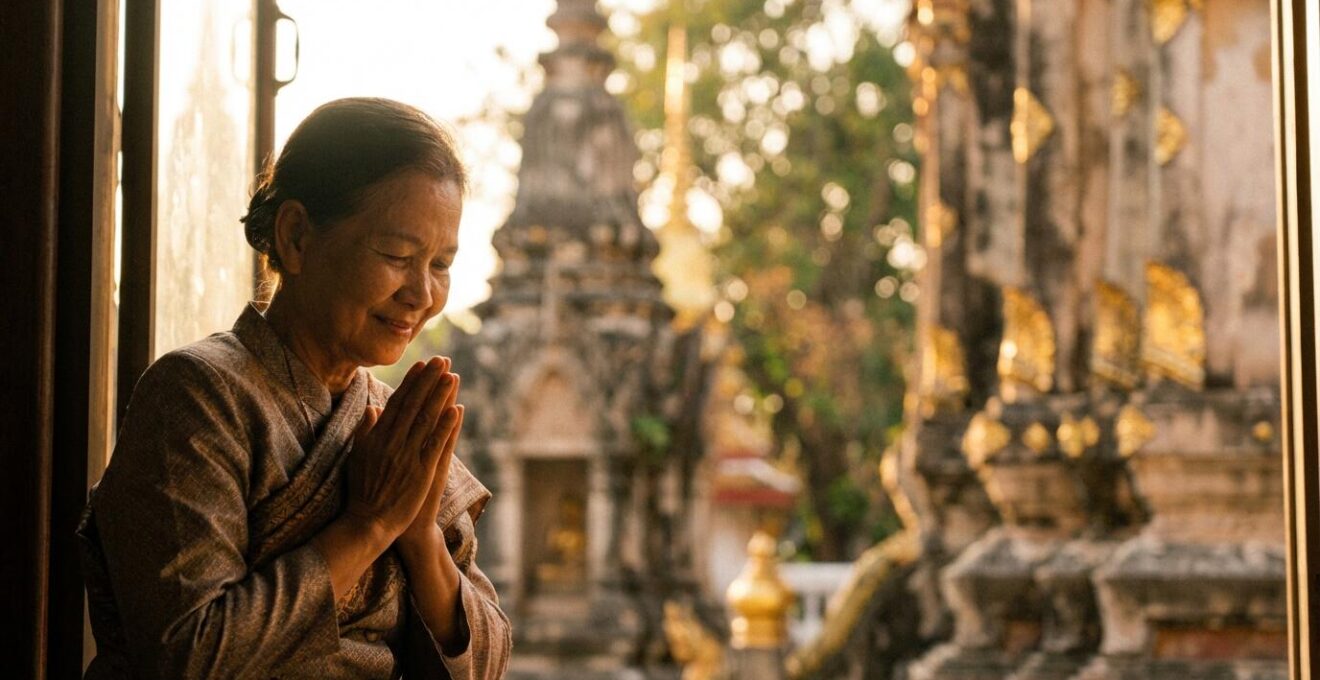 Personne thaïlandaise effectuant un wai traditionnel face à un temple bouddhiste, dans une atmosphère sereine avec lumière dorée