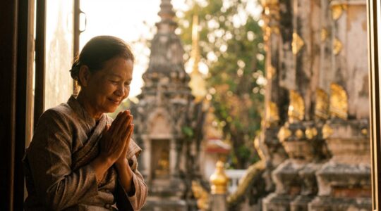 Personne thaïlandaise effectuant un wai traditionnel face à un temple bouddhiste, dans une atmosphère sereine avec lumière dorée