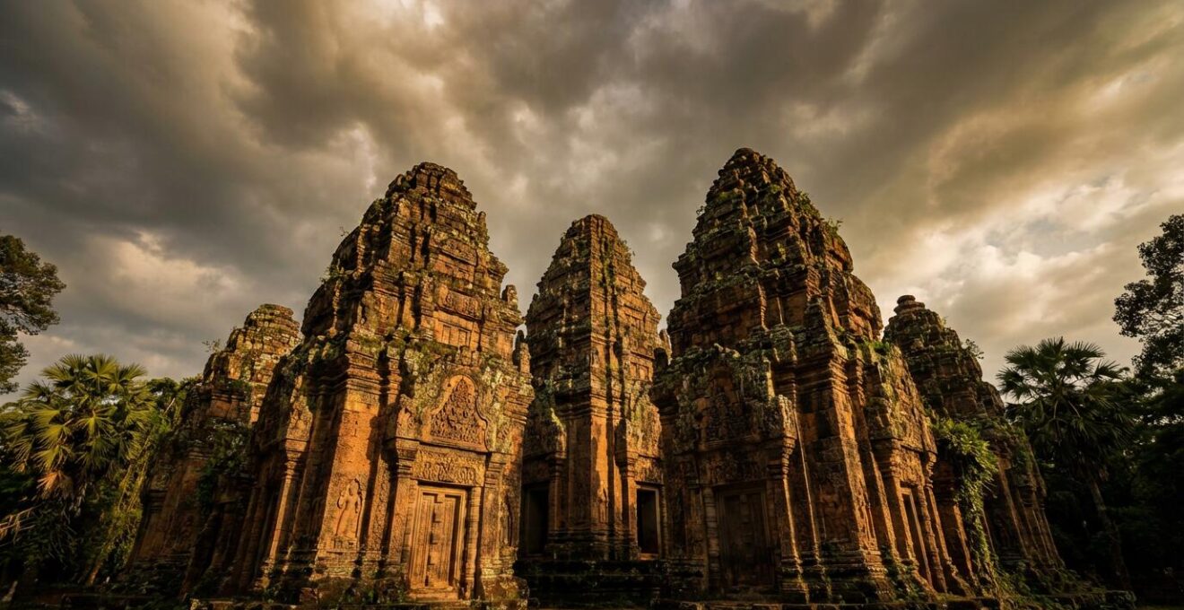 Temple khmer de Phra Prang Sam Yot photographié depuis un angle bas sans les singes