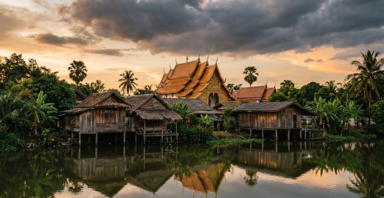 Vue panoramique d'un temple thaïlandais traditionnel reflété dans l'eau avec des maisons sur pilotis en premier plan