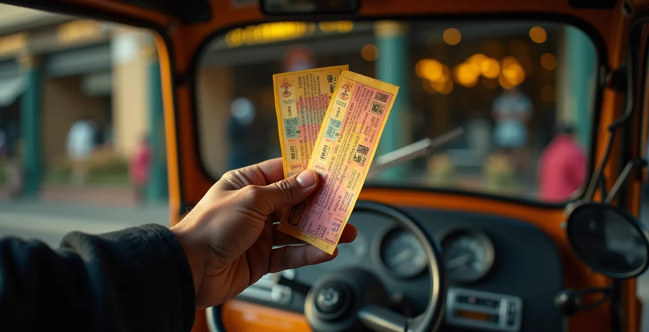 Chauffeur de tuk-tuk montrant discrètement des coupons dans sa main devant une bijouterie