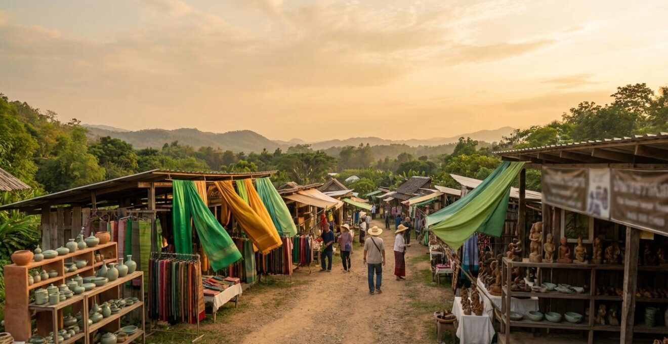 Vue d'un marché artisanal thaïlandais avec soie colorée et céramiques