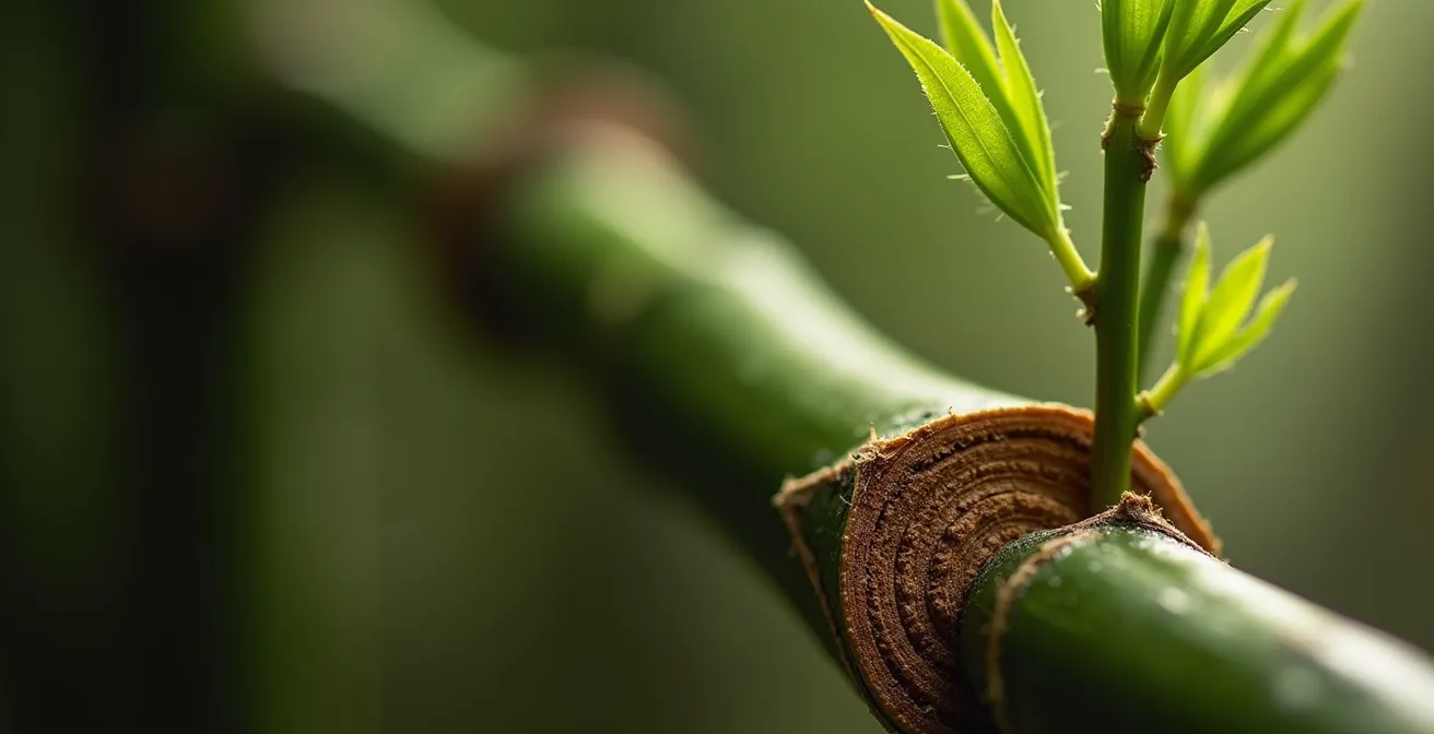 Détail macro d'une structure en bambou montrant les fibres naturelles et les nœuds
