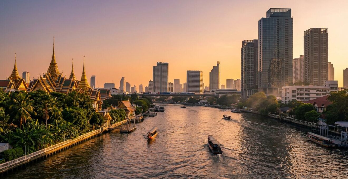 Vue panoramique de Bangkok mêlant temples traditionnels dorés et modernité urbaine avec le fleuve Chao Phraya