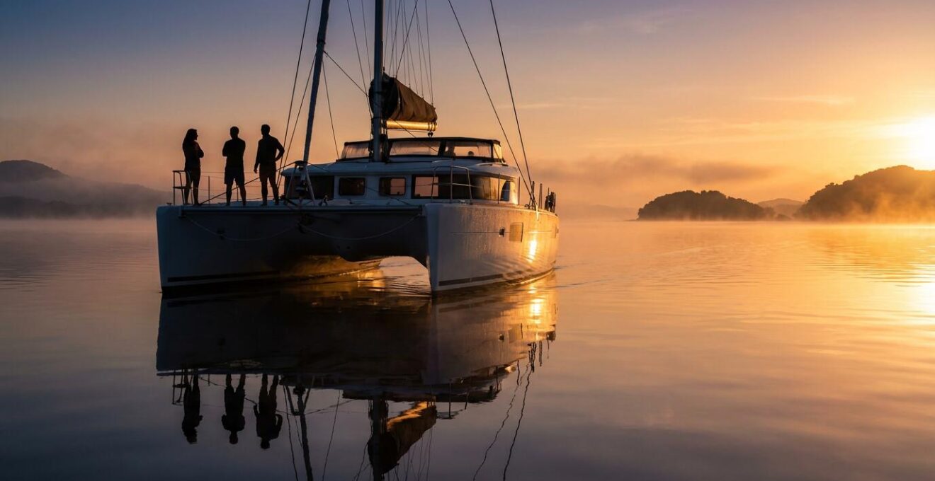 Catamaran solitaire naviguant à l'aube avec reflets dorés sur mer d'huile