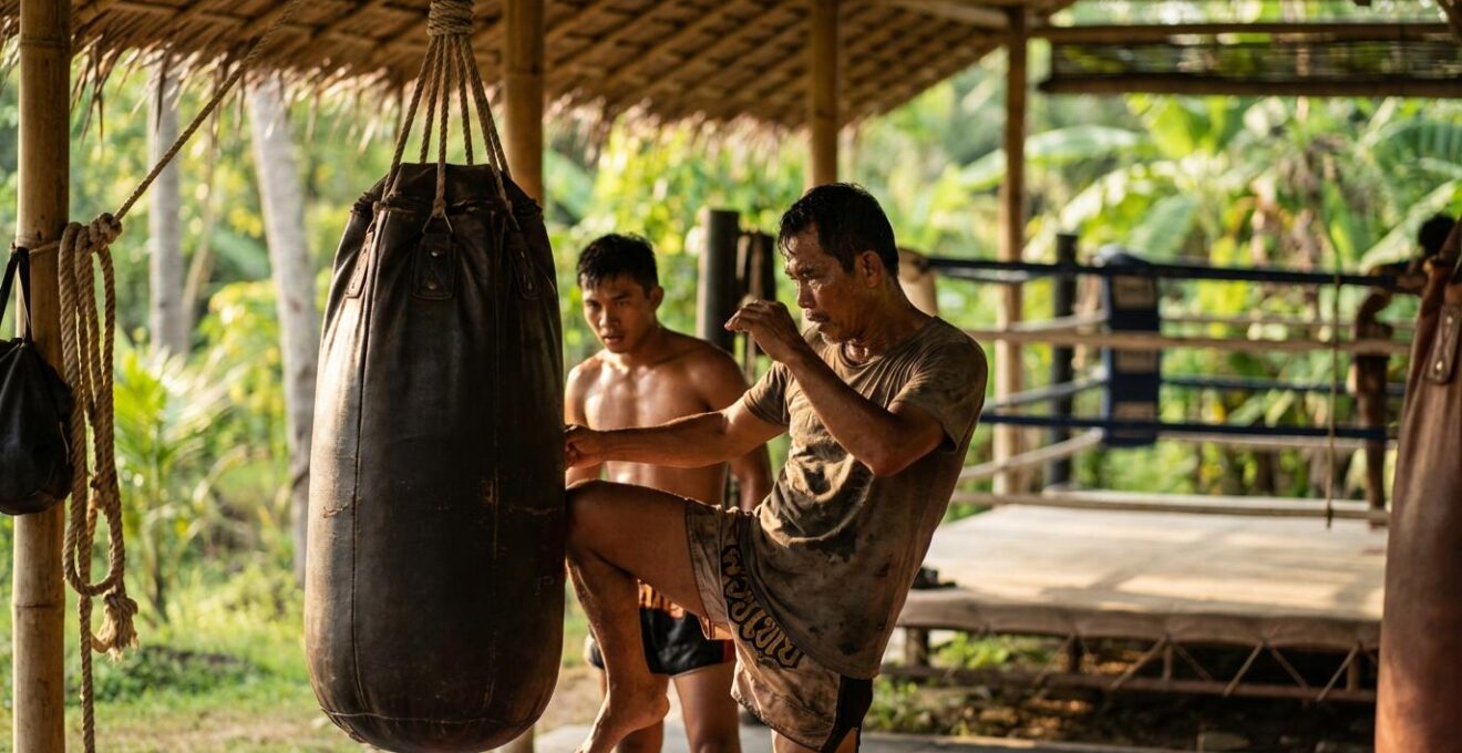 Camp d'entraînement de Muay Thai en Thaïlande avec ring et équipements traditionnels