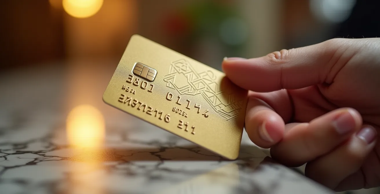 Main tendant une carte de crédit dorée vers un terminal de paiement dans un hall d'hôtel luxueux