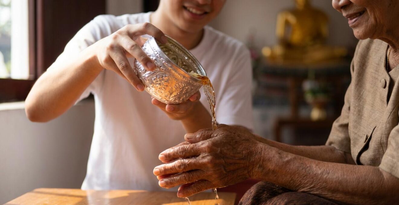 Cérémonie traditionnelle de Rod Nam Dam Hua avec une personne versant de l'eau parfumée sur les mains d'un aîné