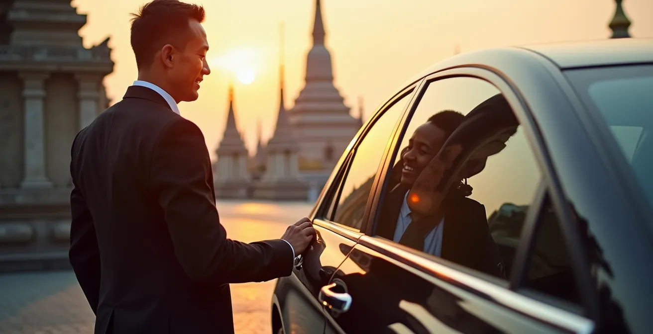 Chauffeur professionnel thaïlandais en uniforme devant véhicule de luxe