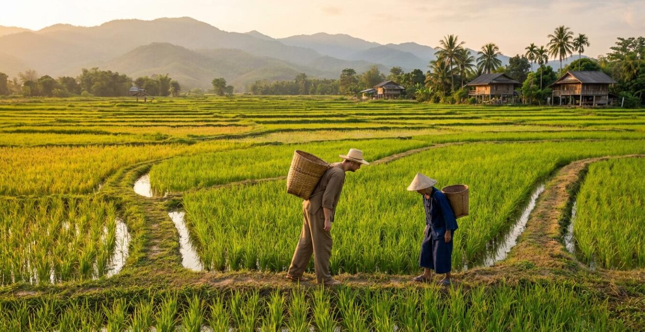 Voyageur aidant une famille thaïlandaise à porter des paniers de riz dans un village rural, sourires et gestes de remerciement