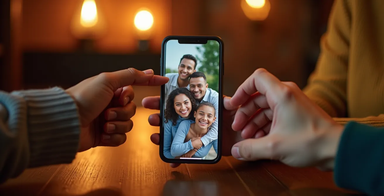 Échange chaleureux entre voyageur et famille thaïlandaise partageant photos sur téléphone