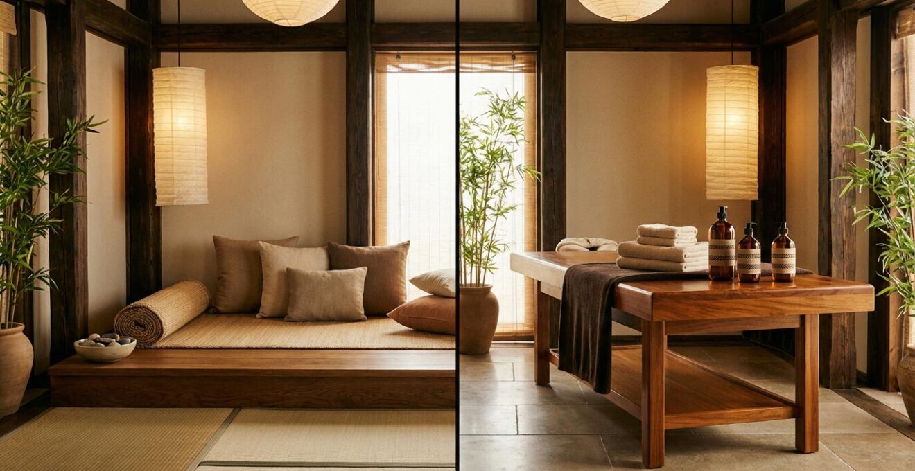 Vue comparative montrant deux techniques de massage thaïlandais côte à côte