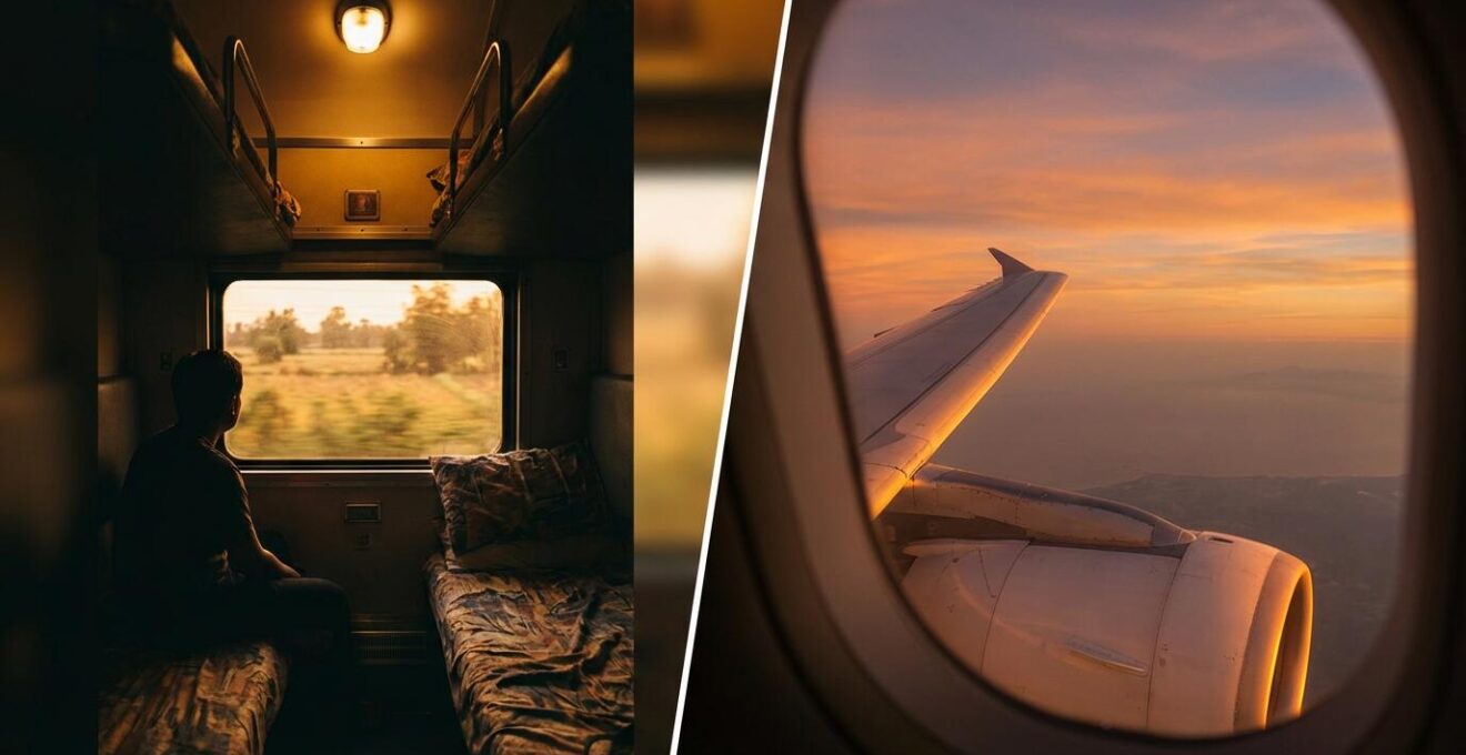 Vue divisée montrant un train de nuit thaïlandais et un avion au coucher du soleil