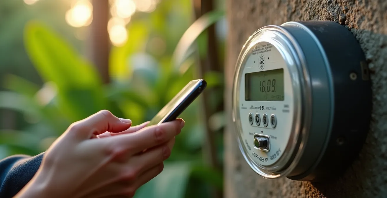 Main tenant un smartphone photographiant un compteur électrique moderne avec jardin tropical en arrière-plan