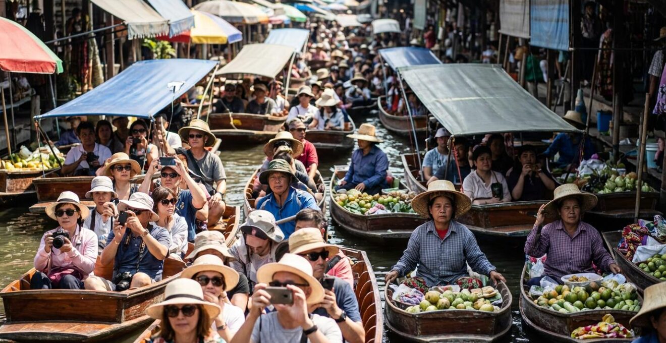Embouteillage de bateaux touristiques au marché de Damnoen Saduak avec foule dense