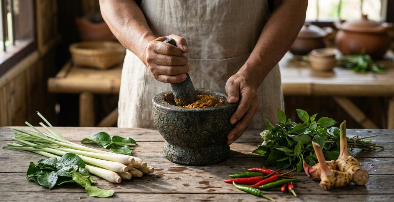 Chef thaïlandais préparant un curry dans un mortier traditionnel avec des ingrédients frais disposés autour
