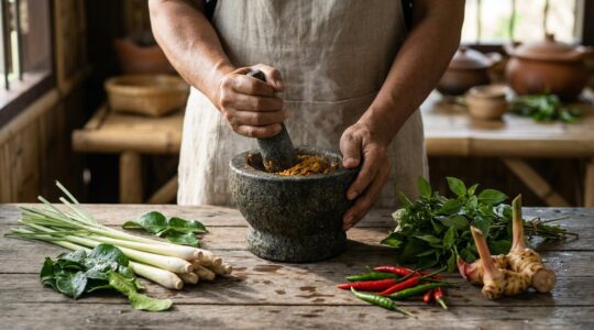 Chef thaïlandais préparant un curry dans un mortier traditionnel avec des ingrédients frais disposés autour