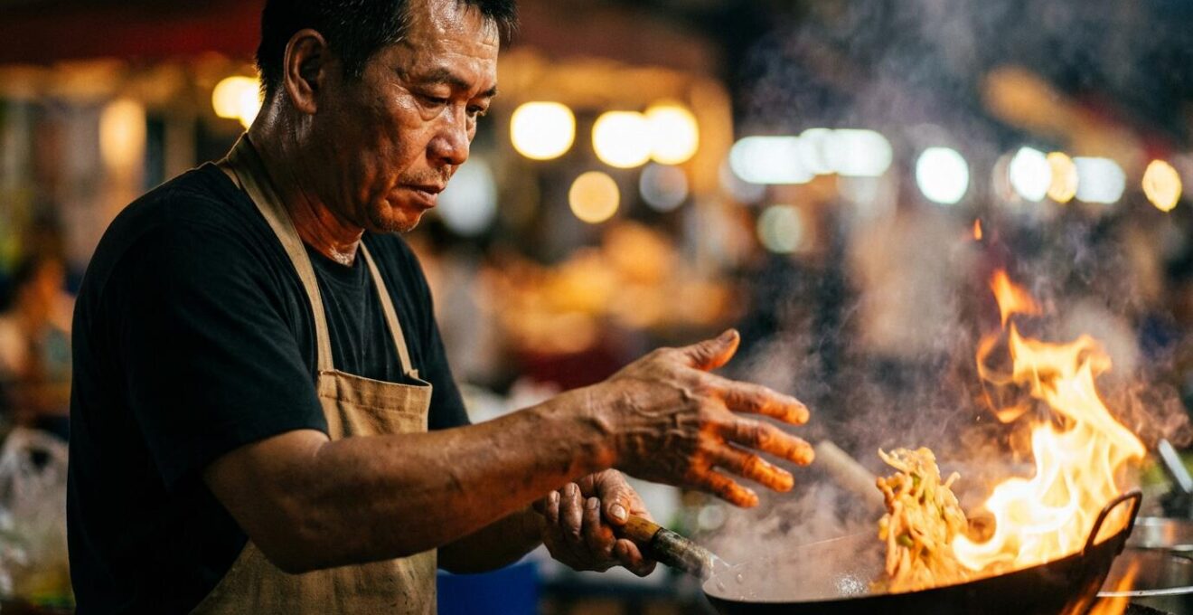 Chef thaïlandais cuisinant au wok avec flammes spectaculaires dans une ruelle de Chinatown