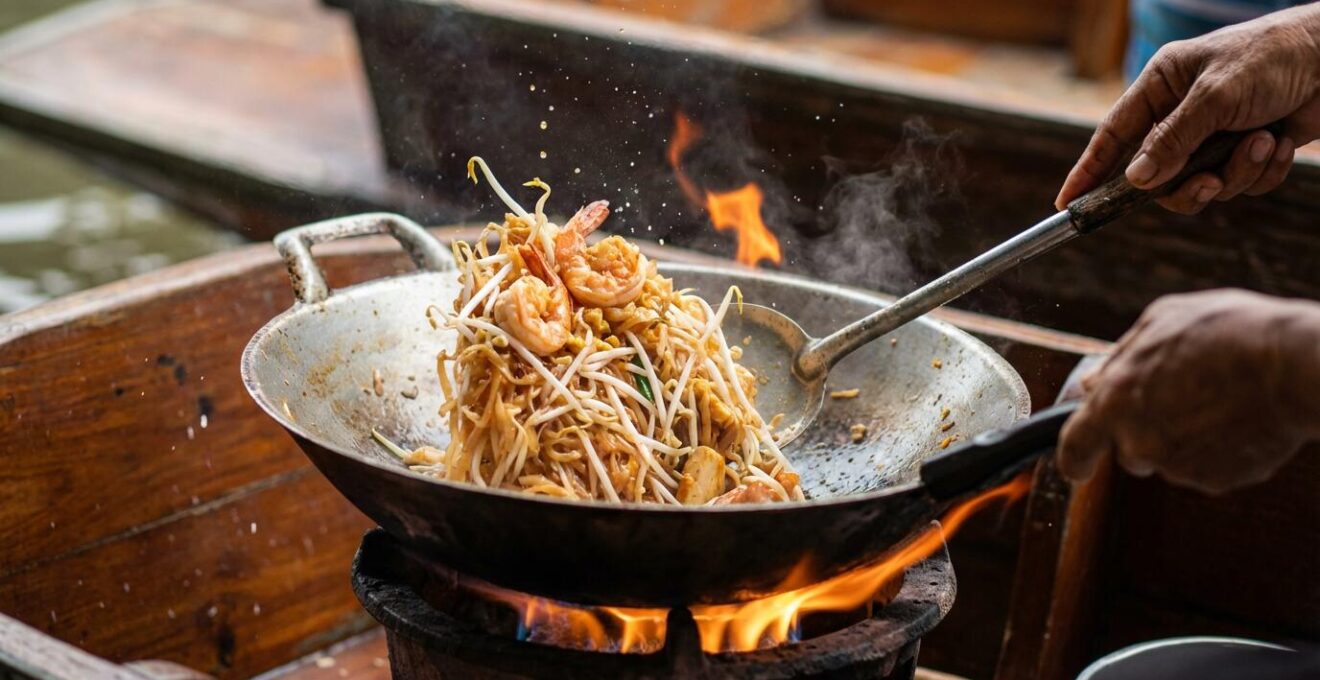 Vendeur thaïlandais cuisinant au wok sur une barque traditionnelle