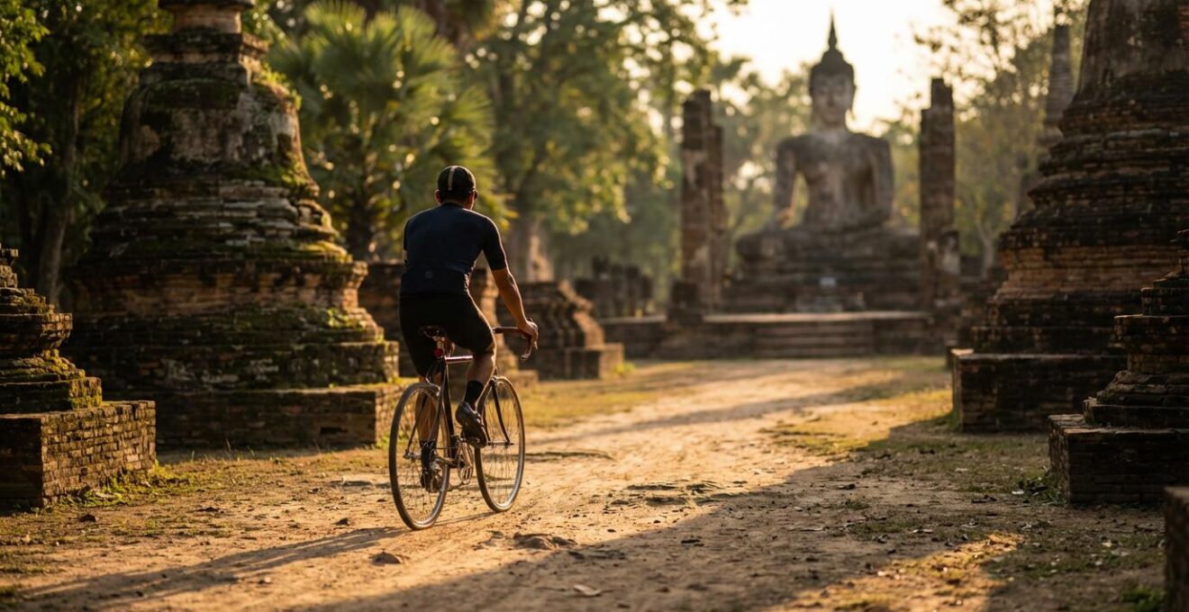 Cycliste traversant le parc historique de Sukhothai au coucher du soleil