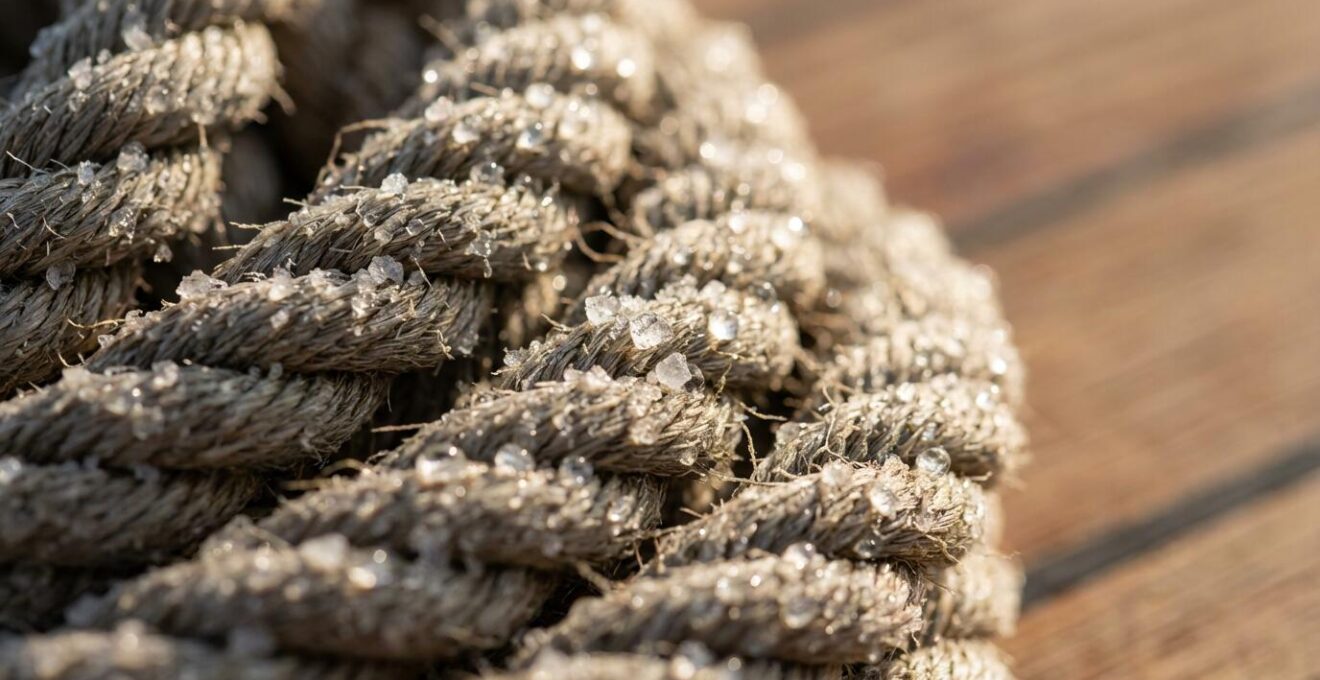 Vue macro détaillée de cordages marins tressés avec gouttelettes d'eau salée