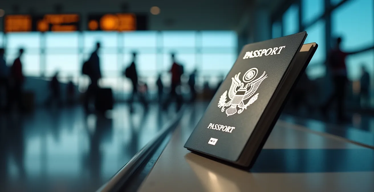 Passeport original posé sur un comptoir d'enregistrement d'aéroport thaïlandais