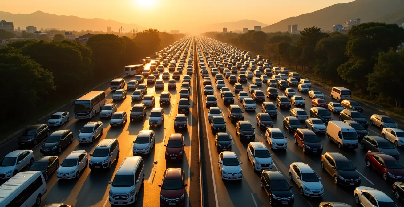Vue aérienne d'une autoroute thaïlandaise complètement embouteillée pendant l'exode du Nouvel An