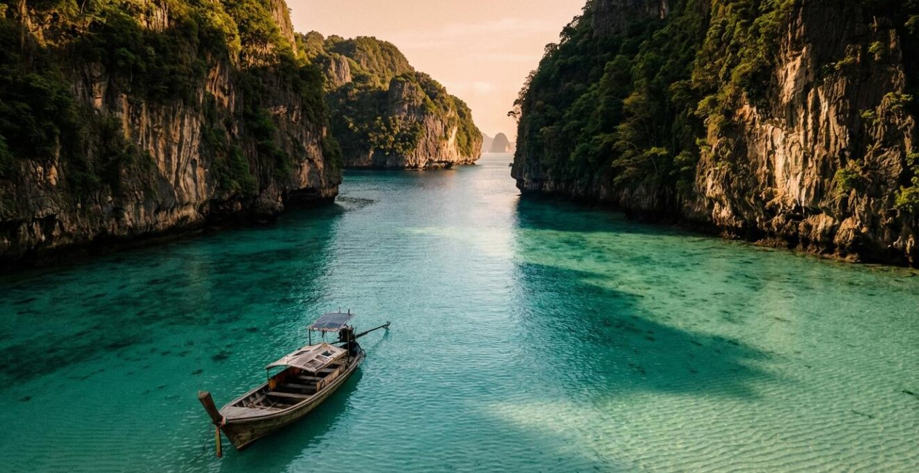 Bateau longtail traditionnel isolé ancré dans une crique turquoise déserte entourée de falaises verdoyantes