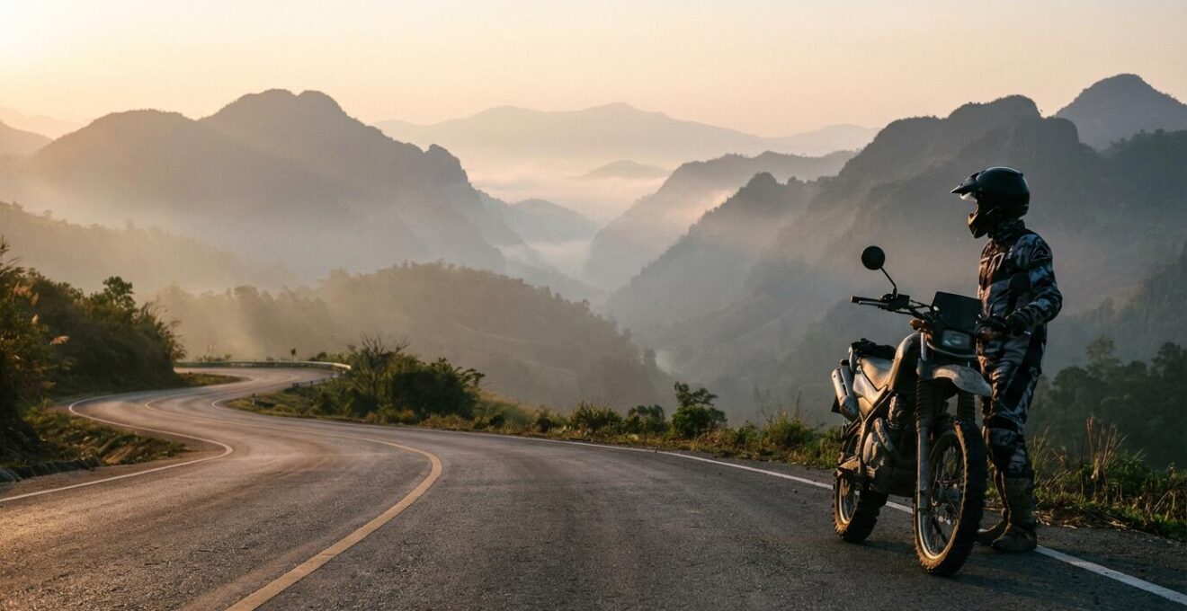 Voyageur contemplant les montagnes brumeuses du nord de la Thaïlande depuis une route sinueuse