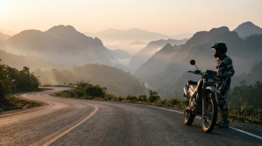Voyageur contemplant les montagnes brumeuses du nord de la Thaïlande depuis une route sinueuse