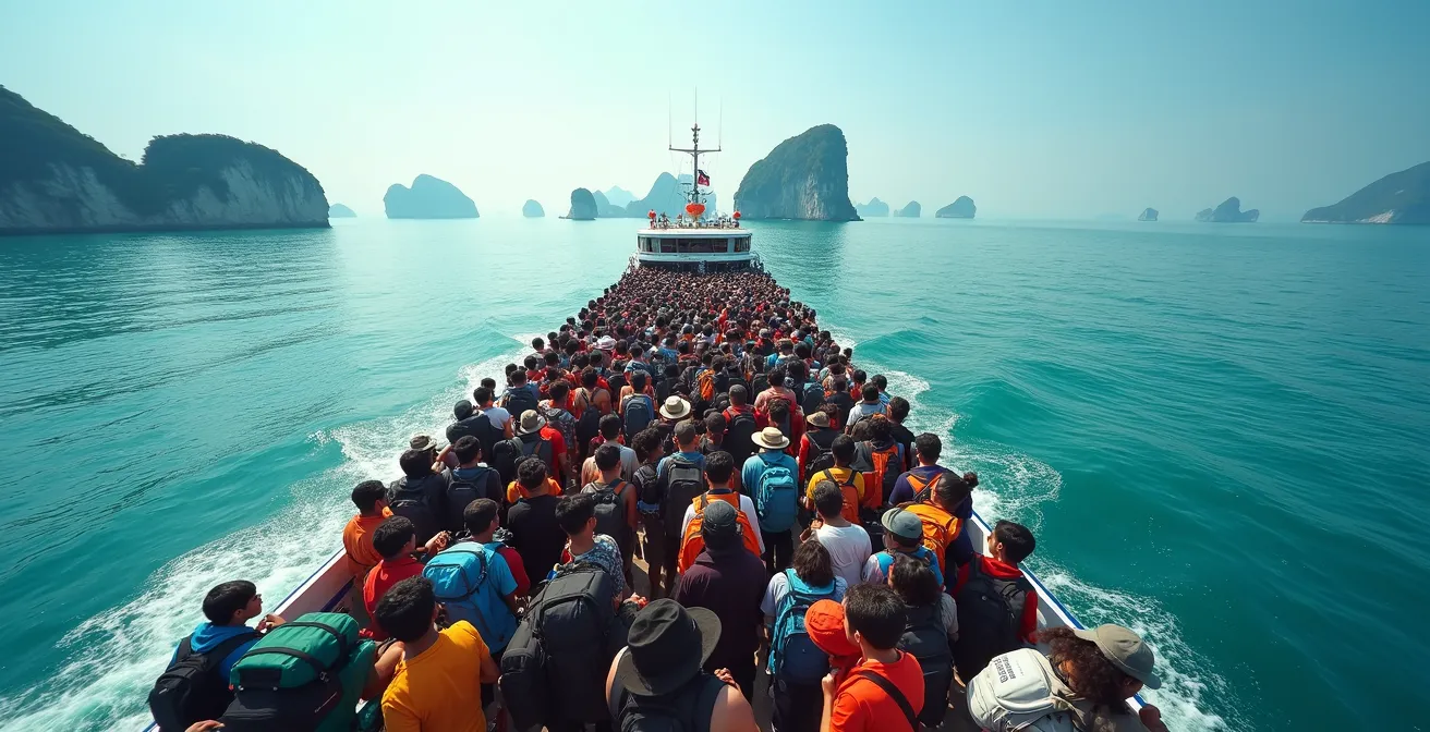 Ferry bondé de voyageurs naviguant vers les îles thaïlandaises avec bagages empilés sur le pont