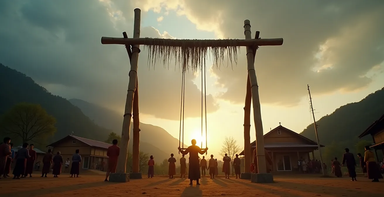 Balançoire rituelle Akha en bambou avec participants en costumes traditionnels lors d'une cérémonie dans un village montagnard