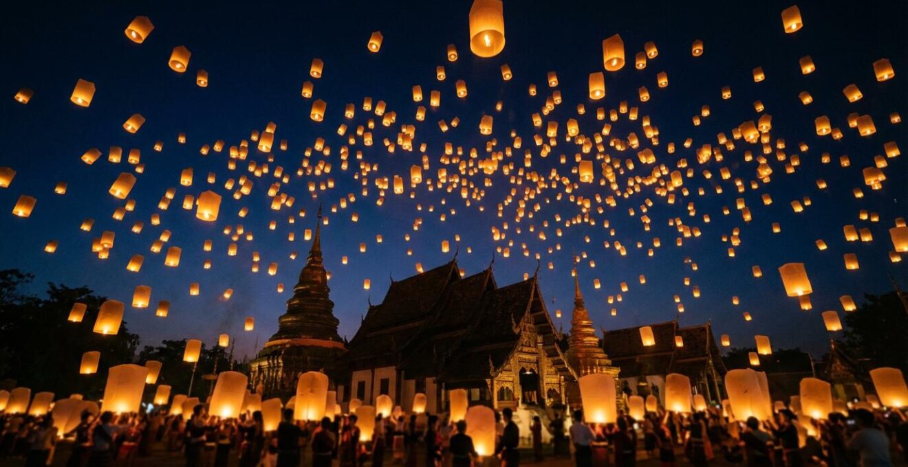 Festival des lanternes Yi Peng à Chiang Mai avec des milliers de lanternes illuminées s'élevant dans le ciel nocturne