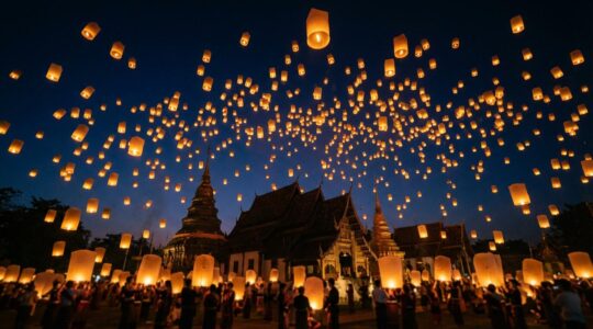 Festival des lanternes Yi Peng à Chiang Mai avec des milliers de lanternes illuminées s'élevant dans le ciel nocturne