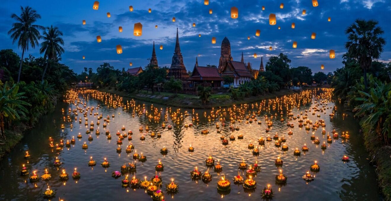 Festival Loy Krathong en Thaïlande avec des centaines de krathongs lumineux flottant sur l'eau et lanternes célestes dans le ciel nocturne