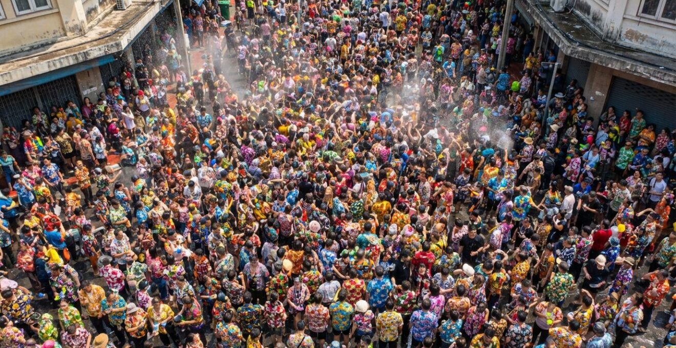 Foule joyeuse portant des chemises à motifs floraux multicolores dans une rue de Bangkok pendant Songkran