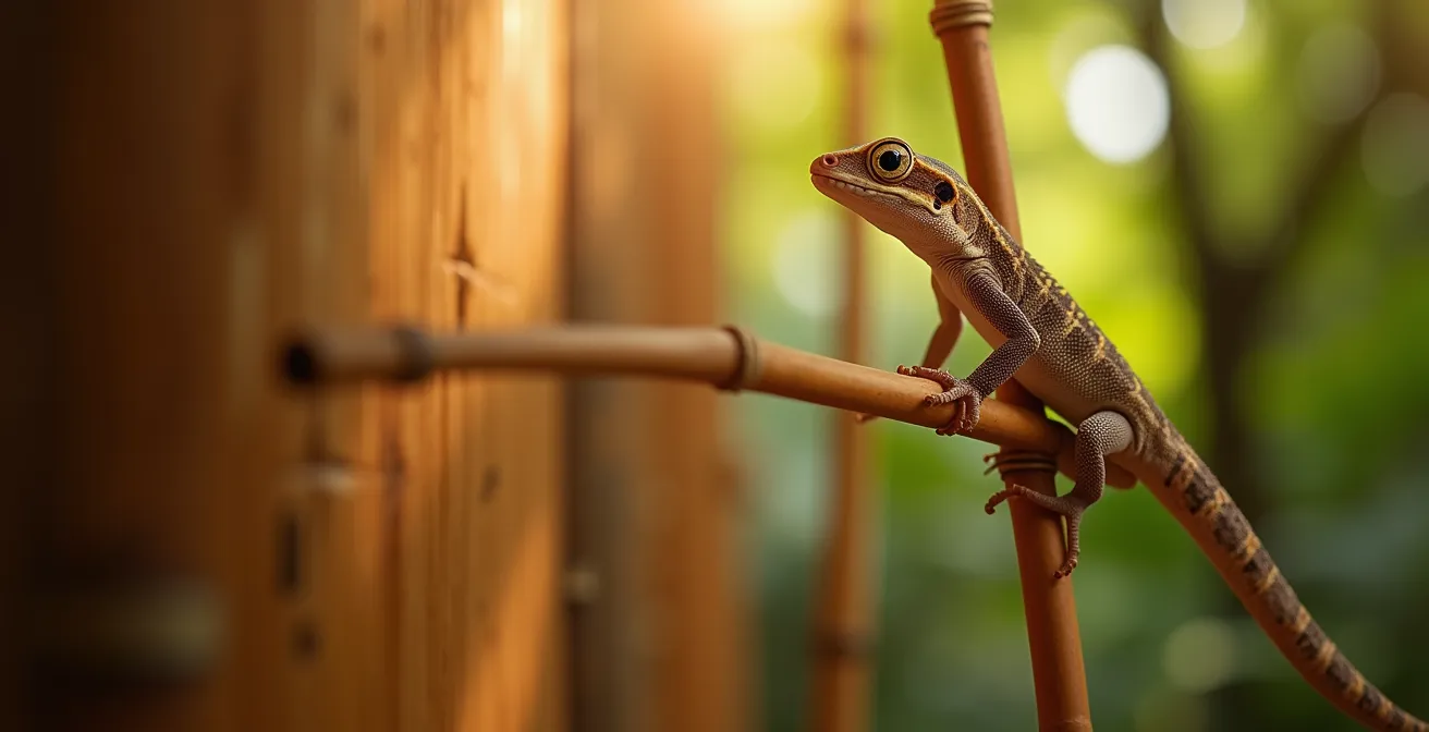 Gecko tokay sur un mur en bambou dans son habitat naturel