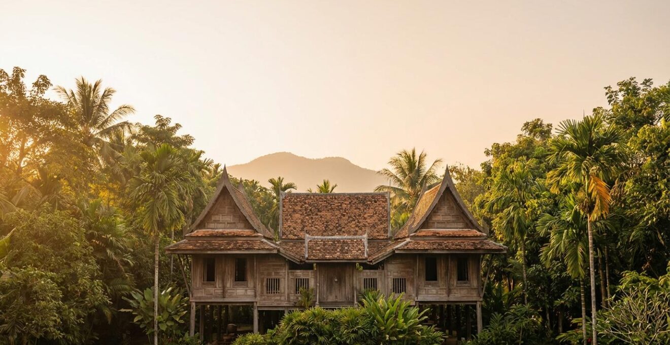 Maison traditionnelle thaïlandaise en bois transformée en guesthouse familiale au coucher du soleil