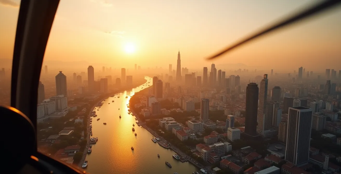 Vue aérienne de Bangkok depuis un hélicoptère au coucher du soleil