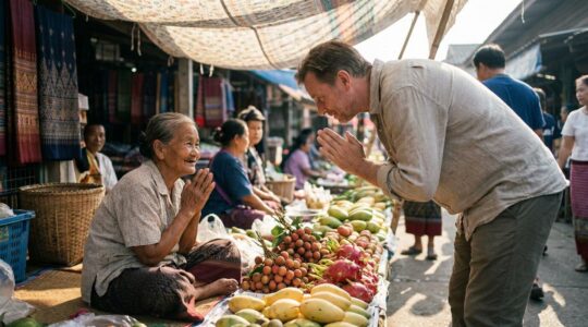 Rencontre authentique entre une voyageuse et une vendeuse thaïlandaise sur un marché local, échange de sourires et de gestes dans une atmosphère chaleureuse