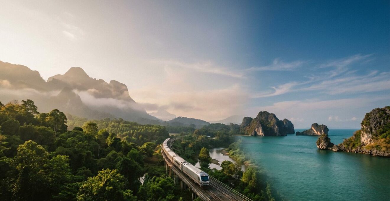Paysage montrant la diversité de la Thaïlande entre montagnes du nord et plages du sud avec un train traversant le paysage