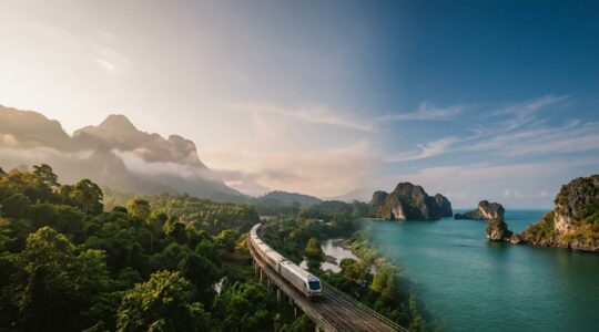 Paysage montrant la diversité de la Thaïlande entre montagnes du nord et plages du sud avec un train traversant le paysage