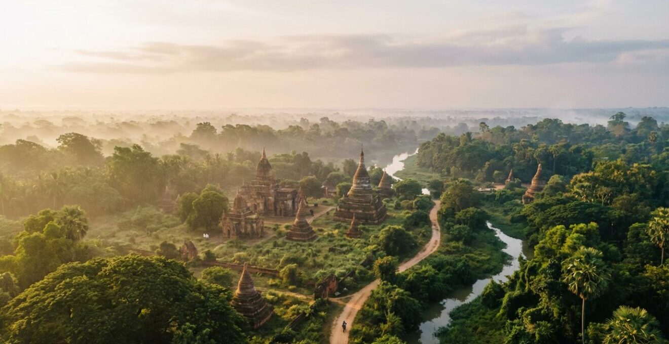 Vue aérienne des temples de Sukhothai au lever du soleil avec brume dorée