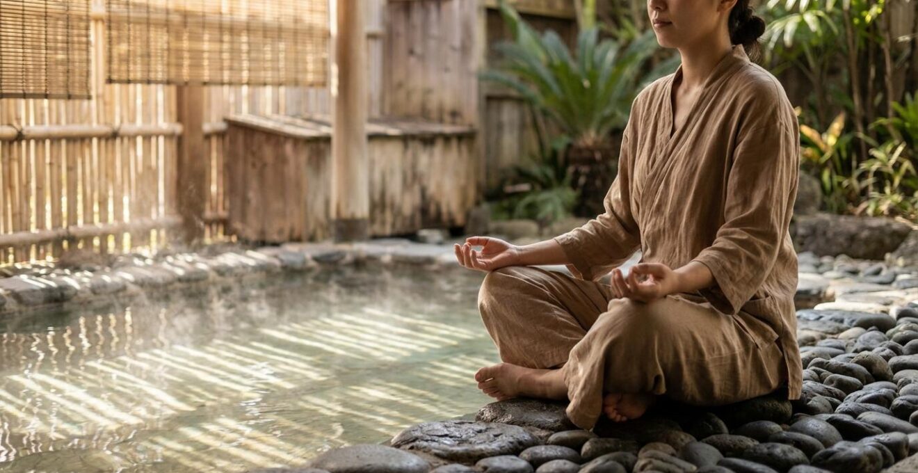 Scène paisible de régénération avec bassins naturels, pavillon de massage thaï et espace méditation dans la nature