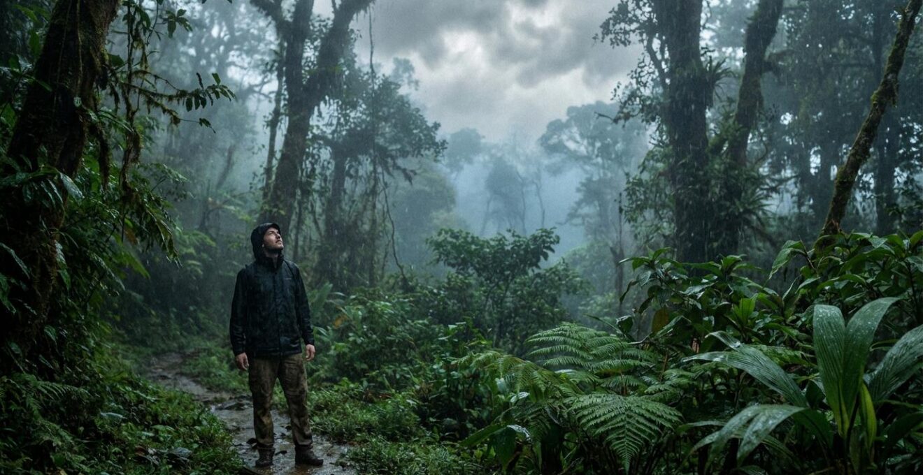 Jungle thaïlandaise enveloppée de brume matinale pendant la mousson, créant une atmosphère mystique.