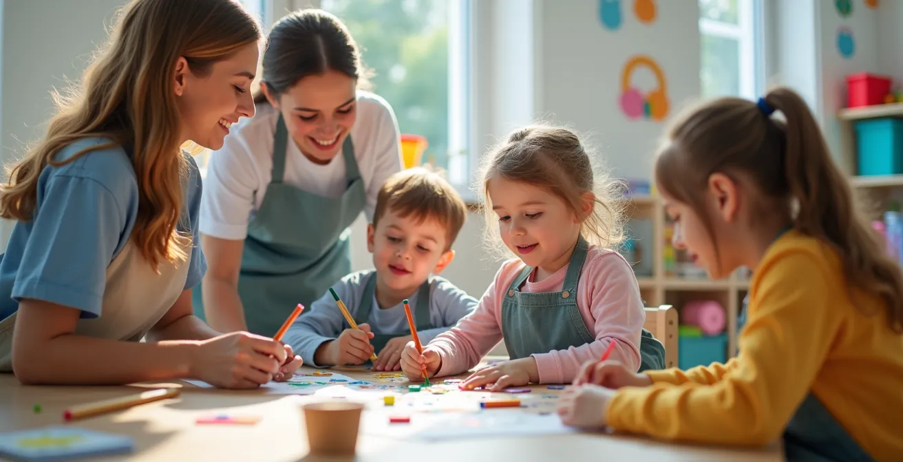 Espace Kids Club moderne avec enfants participant à des activités créatives encadrées par des animateurs