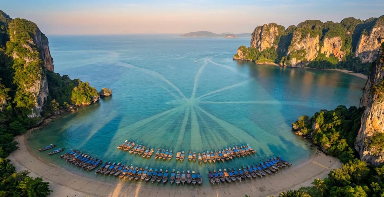 Vue aérienne d'Ao Nang montrant le système de départs centralisés vers les îles