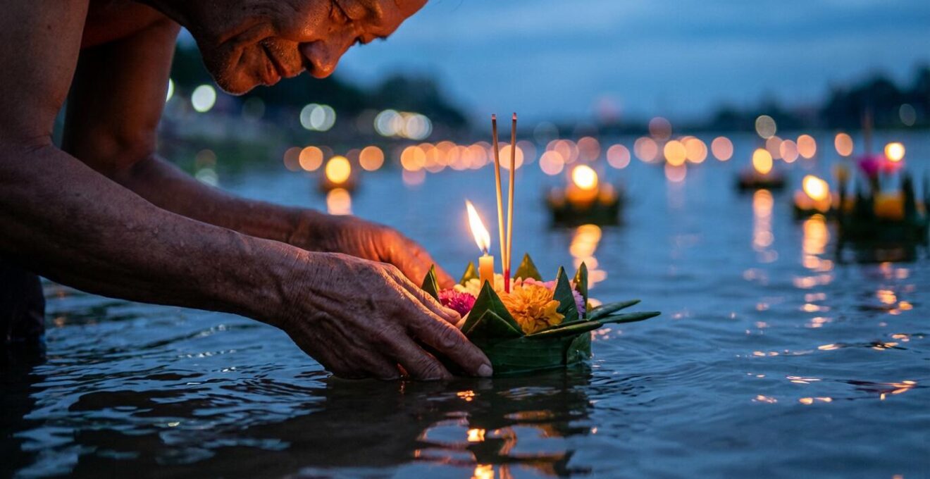 Mains déposant délicatement un krathong illuminé sur l'eau au crépuscule